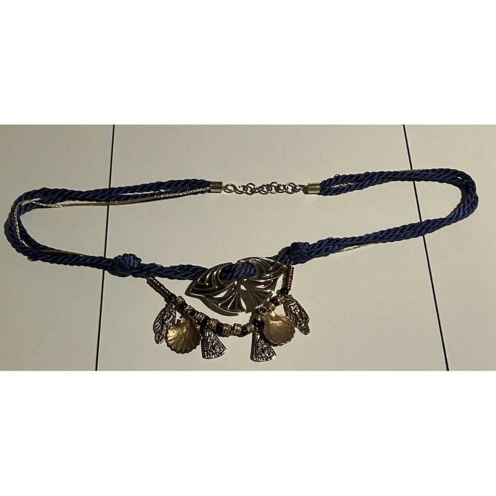 Navy‎ Blue Rope Belt with Gold Shell Charms, Vintage Statement Adjustable Waist